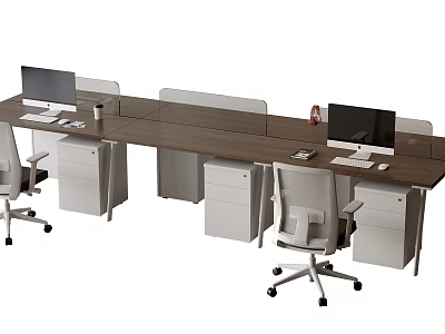 Long Wooden Office Desk With Computers White Drawers And Ergonomic Chairs 3d model