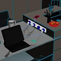 Dining Table Set With Laptop Mouse Mobile Phone Flower Vase Fruit Plate On Marble Countertop