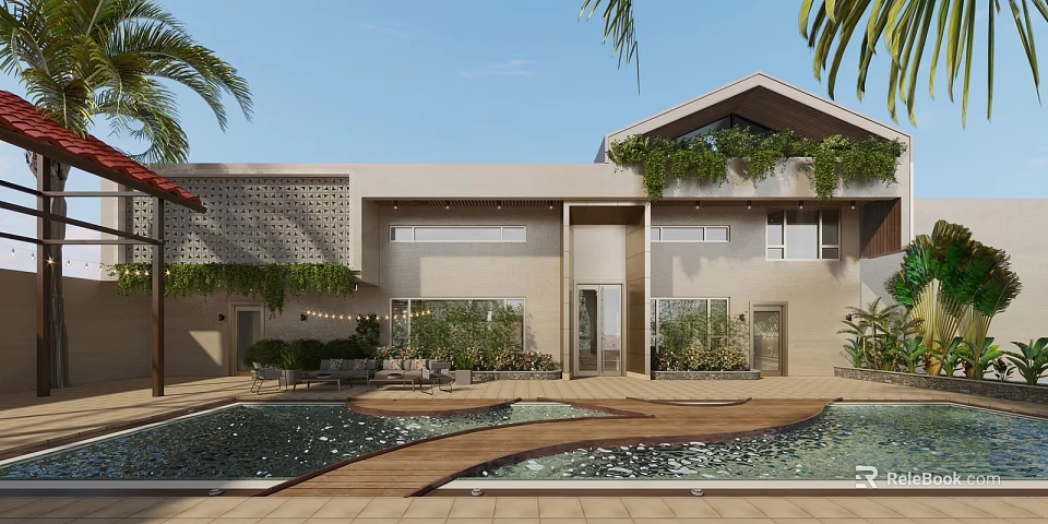 Modern Garden Landscape With Pool Wooden Deck Green Plants And Outdoor Seating Area 3d model 