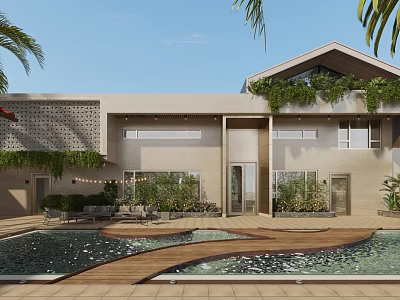 Modern Garden Landscape With Pool Wooden Deck Green Plants And Outdoor Seating Area 3d model