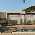 Modern Garden Landscape With Pool Wooden Deck Green Plants And Outdoor Seating Area