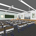Bright School Classroom With Desks Chairs Blackboard Multimedia Screen Slogans And Windows