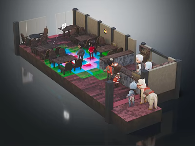 Cartoon Cafe Interior With Tables Chairs Colorful Floor Lights Characters And Decorative Counter 3d model