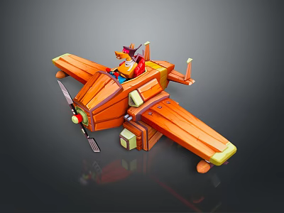 Cute Orange Cartoon Airplane With Small Animal Character And Propeller Wings 3d model