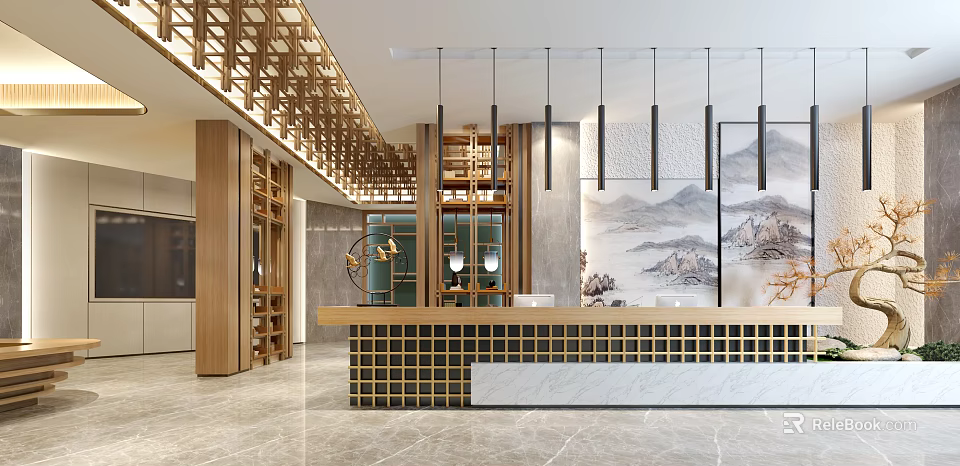 Store Front Desk With Grid Pattern Pendant Lights Marble Countertop And Landscape Painting 3d model 