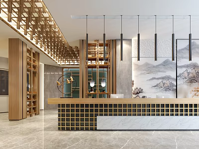Store Front Desk With Grid Pattern Pendant Lights Marble Countertop And Landscape Painting 3d model