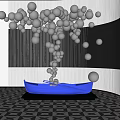 Modern Interior Sculpture With Silver Spheres Blue Boat Base And Black White Geometric Floor Design