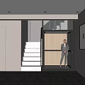 Modern Elevator Hallway With White Marble Stairs And Wall Art