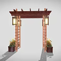Wooden Garden Pergola With Lattice Sides Top Beams Lantern Lights And Flower Pots