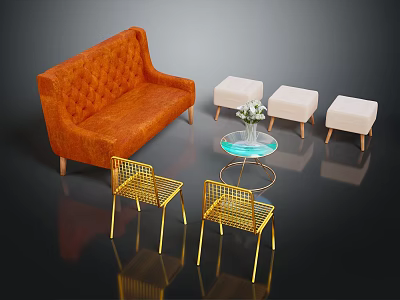 Tufted Orange Sofa And Round Glass Coffee Table Set With Beige Stools Gold Mesh Chairs 3d model