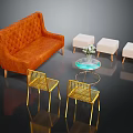 Tufted Orange Sofa And Round Glass Coffee Table Set With Beige Stools Gold Mesh Chairs