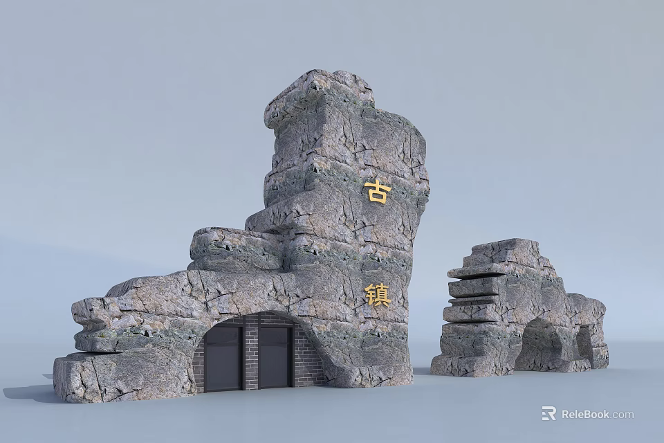 Ancient Rocky Stone Gate Structure With Traditional Design And Flag Inscriptions 3d model 