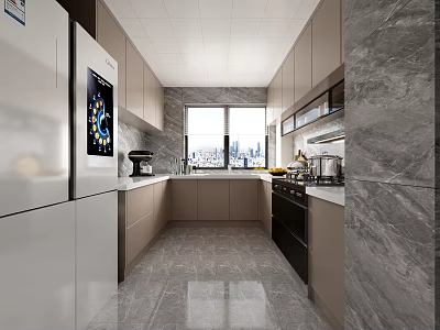 Modern Kitchen Interior With Gray Cabinets Appliances Marble Countertop And Large Window 3d model