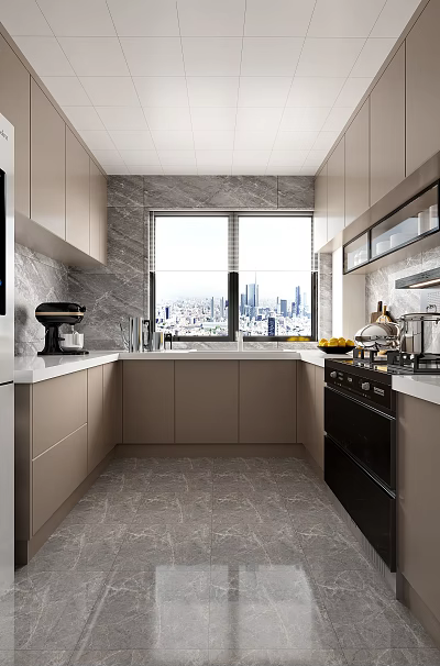 Modern Kitchen Interior With Gray Cabinets Appliances Marble Countertop And Large Window 3d model