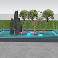 Garden Ornament with Square Pool Rockery Ferris Wheel Metal Decor and Pink Lotus Flowers