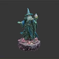 Man In Blue Robe Pointed Hat With White Beard Holding Glowing Staff On Rock Base