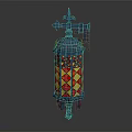 Vintage Iron Wall Mounted Lantern With Decorative Top And Stained Glass Red Yellow Diamond Pattern