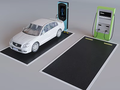 Electric Vehicle Charging Station With White Car Charging On Blue And Green Units 3d model