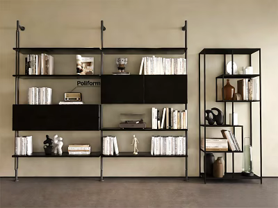 Modern Black Frame Multi Tier Bookshelf With Books And Decorative Items 3d model