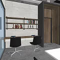 Public Office Space With White Desks Black Chairs Bookshelves And Glass Partitions