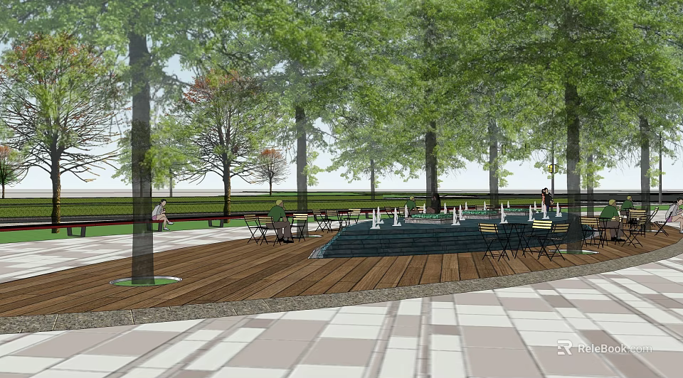 Tranquil Park Landscape With Lush Trees Wooden Deck Outdoor Tables And Green Lawn 3d model 