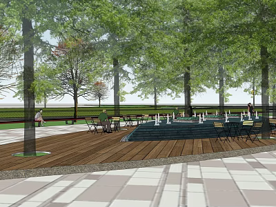 Tranquil Park Landscape With Lush Trees Wooden Deck Outdoor Tables And Green Lawn 3d model