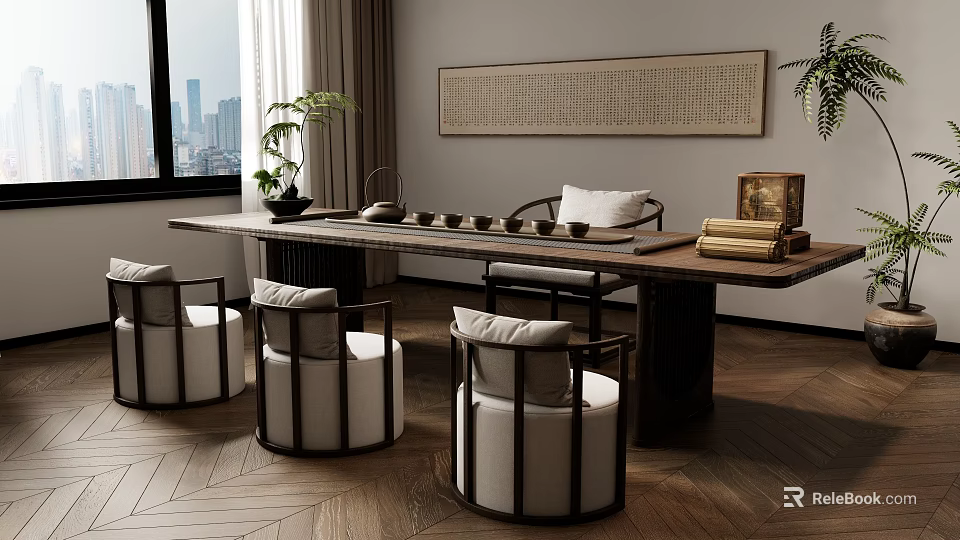 Traditional Solid Wooden Tea Table and Chairs with Tea Sets Calligraphy Scroll and Potted Plant 3d model 