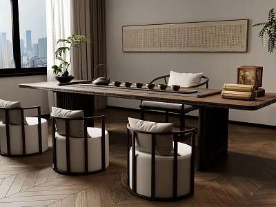 Traditional Solid Wooden Tea Table and Chairs with Tea Sets Calligraphy Scroll and Potted Plant 3d model