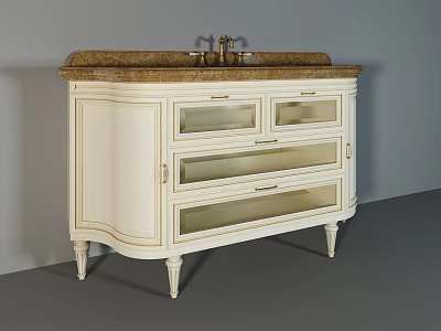 Elegant Bathroom Vanity With White Cabinet Marble Countertop Gold Faucet And Glass Doors 3d model