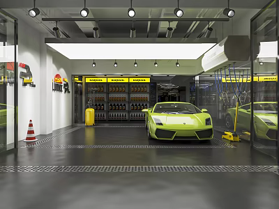 Auto 4S Shop Interior Featuring Yellow Sports Car Bright Lighting Shelves And Glass Doors 3d model