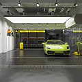Auto 4S Shop Interior Featuring Yellow Sports Car Bright Lighting Shelves And Glass Doors