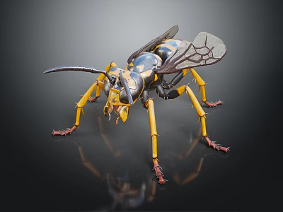 Detailed Yellow Black Flying Insect 3D Model With Transparent Wings Long Legs And Segmented Body 3d model