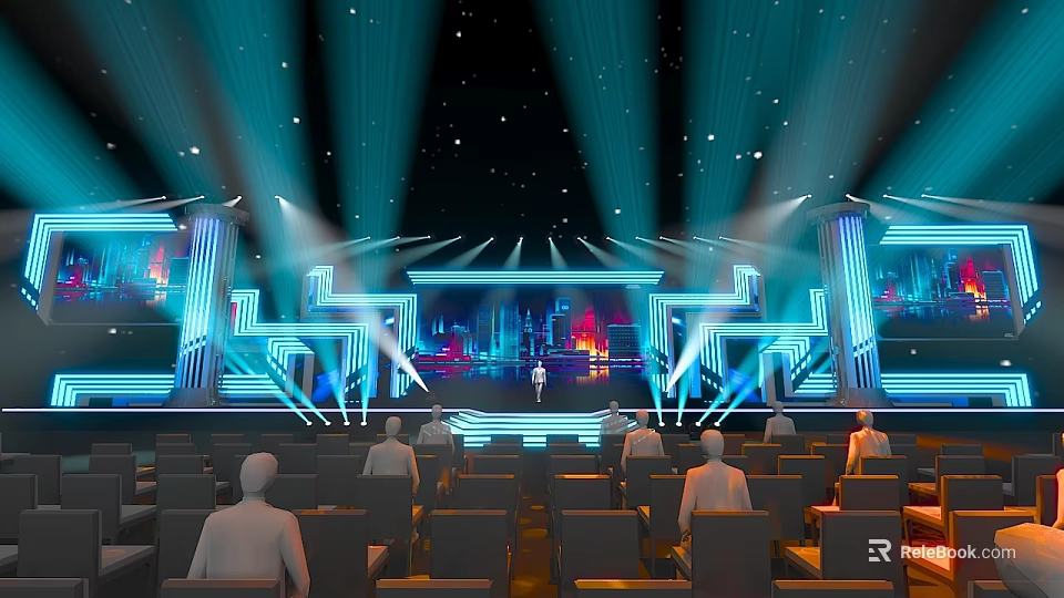 Contemporary Stage Design With Blue Lighting And Audience Seats For Live Performance 3d model 
