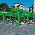 Modern Residential Community Electric Scooter Parking Lot With Sturdy Green Framed Glass Sunshade Structure