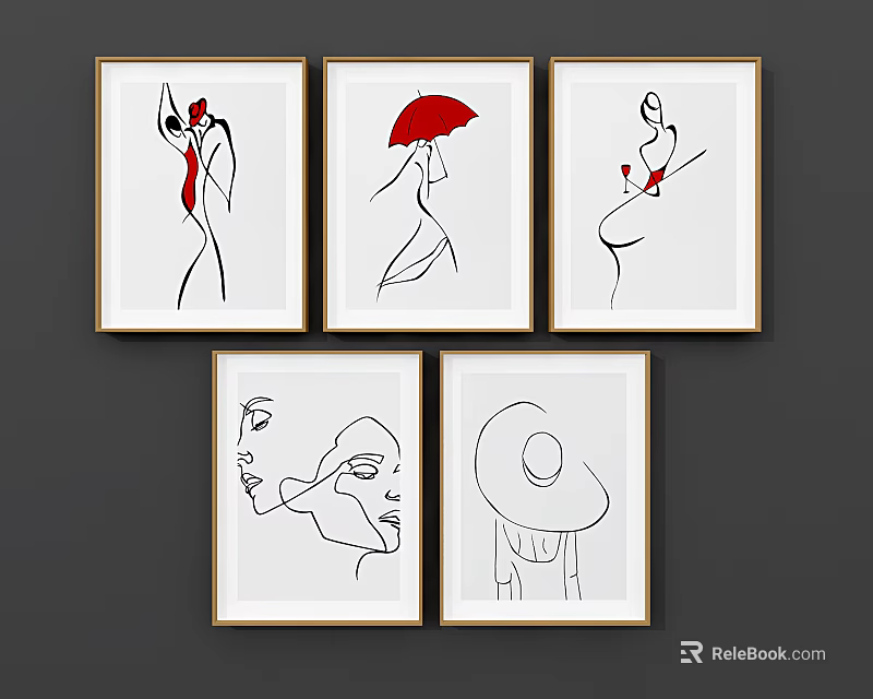 Minimalist Line Figure Paintings With Red Accents And Gold Framed Artwork 3d model 
