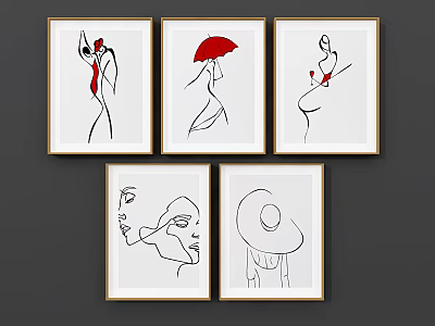 Minimalist Line Figure Paintings With Red Accents And Gold Framed Artwork 3d model