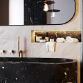 Modern Bathroom Accessories With Pump Bottles Stacked Towels And Marble Backdrop