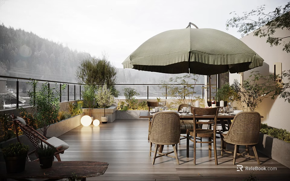 Cozy Home Balcony With Green Umbrella Rattan Chairs Wooden Flooring And Mountain View 3d model 