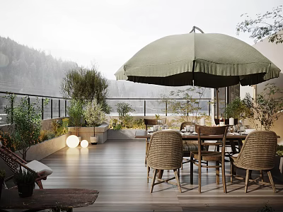 Cozy Home Balcony With Green Umbrella Rattan Chairs Wooden Flooring And Mountain View 3d model
