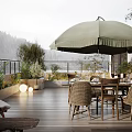 Cozy Home Balcony With Green Umbrella Rattan Chairs Wooden Flooring And Mountain View