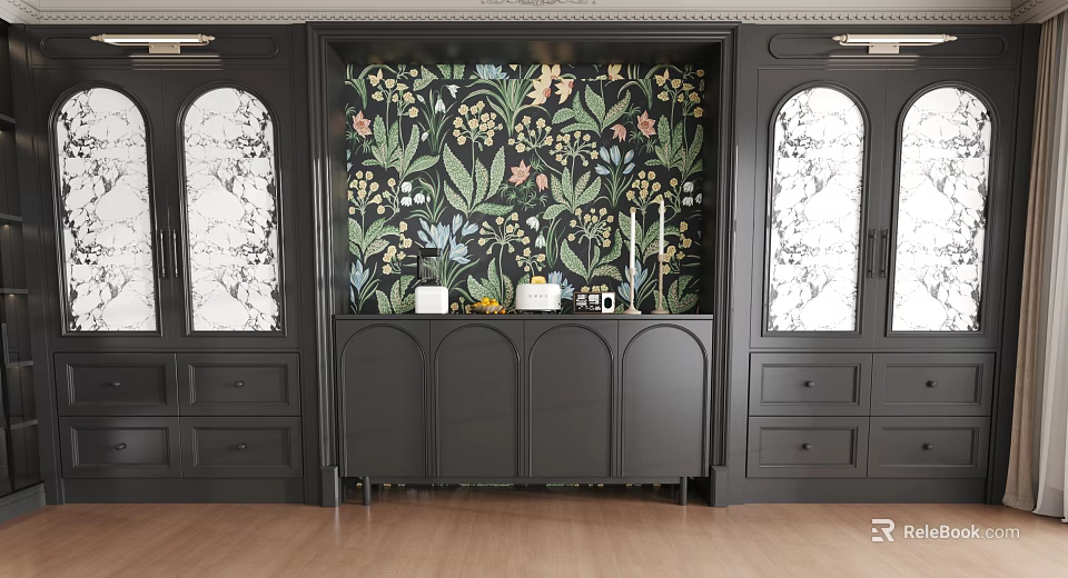 Elegant Black Sideboard with Floral Wallpaper Arched Windows and Decorative Candles 3d model 