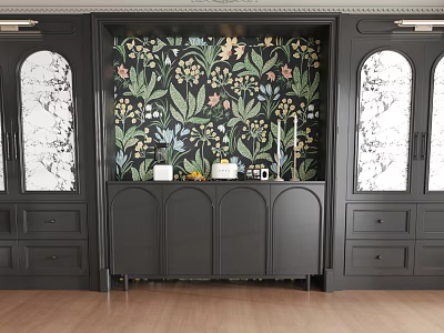 Elegant Black Sideboard with Floral Wallpaper Arched Windows and Decorative Candles 3d model