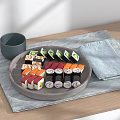 Assorted Sushi Rolls On Gray Ceramic Plate With Wooden Table Gray Cup And Linen Cloth