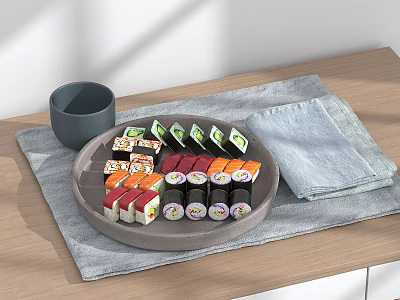 Assorted Sushi Rolls On Gray Ceramic Plate With Wooden Table Gray Cup And Linen Cloth 3d model