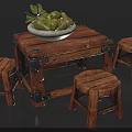 Vintage Style Outdoor Wooden Table With Metal Hinges Stools And Pears In Bowl