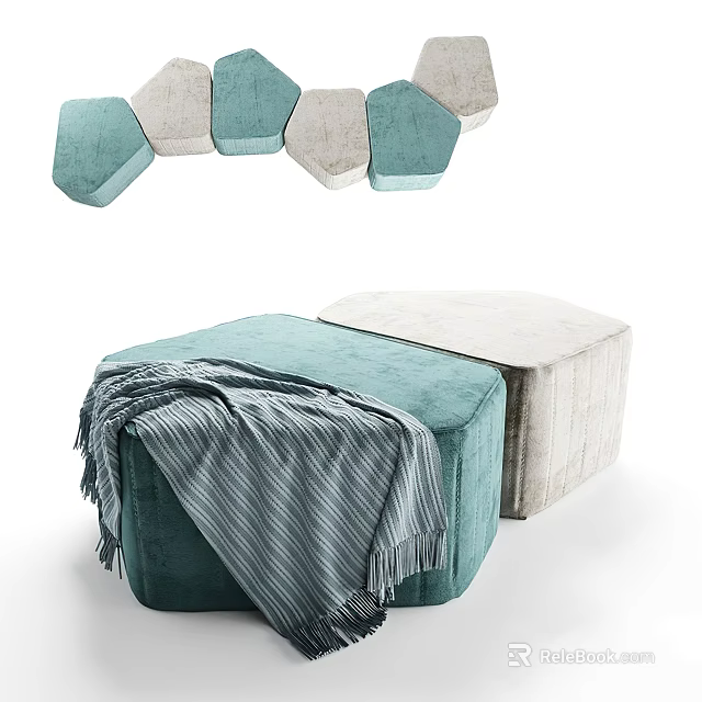 Modern Hexagonal Velvet Ottomans With Teal And Beige Tones And Striped Blanket 3d model 