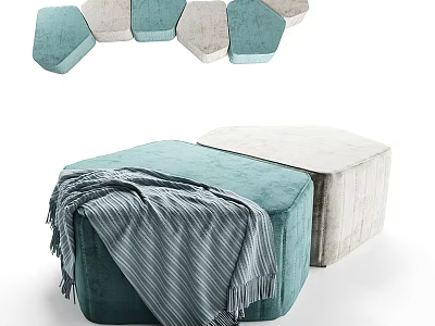 Modern Hexagonal Velvet Ottomans With Teal And Beige Tones And Striped Blanket 3d model