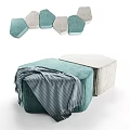 Modern Hexagonal Velvet Ottomans With Teal And Beige Tones And Striped Blanket