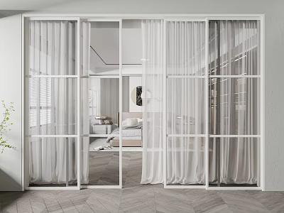Modern Interior Sliding Doors With White Frame Glass Panels And Sheer Curtains 3d model