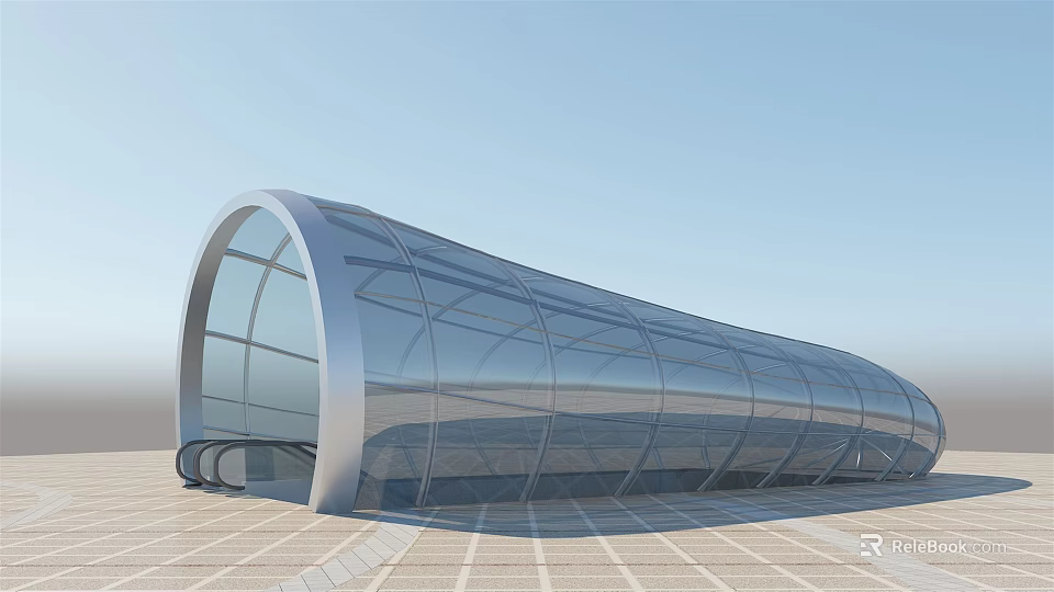 Modern Curved Glass Station Structure With Transparent Roof And Metal Frame Design 3d model 